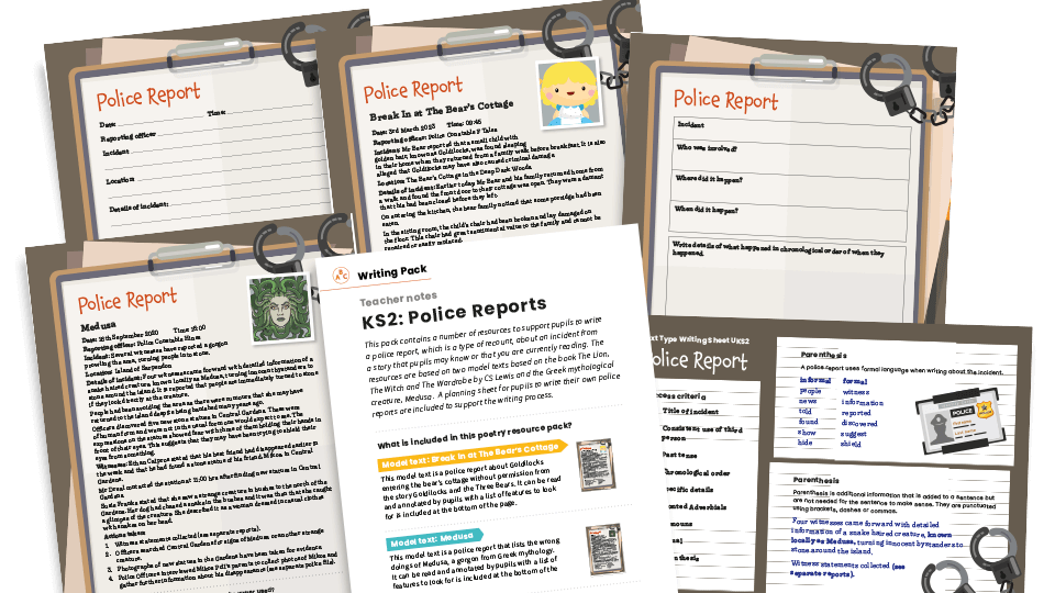Police Reports, Goldilocks/Medusa - KS2 Text Types: Writing Planners and Model Texts