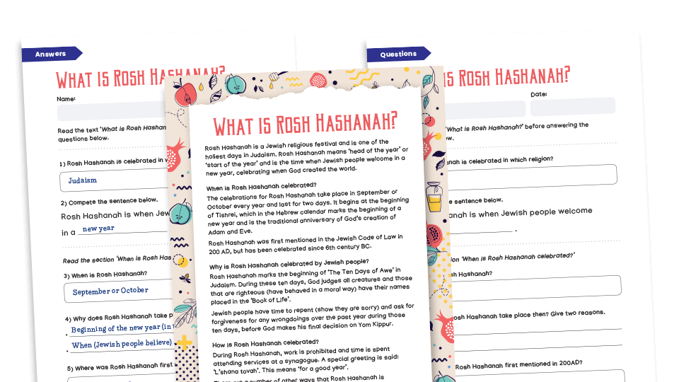 image of What is Rosh Hashanah? Lower Key Stage 2 reading comprehension worksheets
