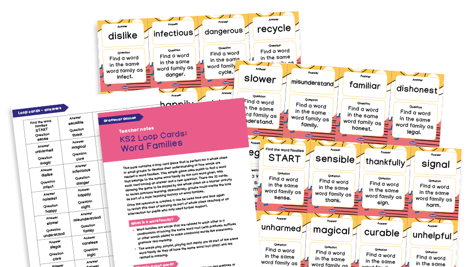 image of Y3 Grammar Game - Loop Cards - Word Families