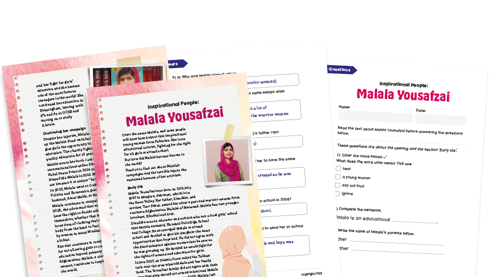 image of UKS2 Comprehension Worksheets - Inspirational People - Malala Yousafzai