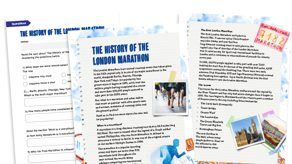 The London Marathon: Key Stage 2 Comprehension Text and Worksheets