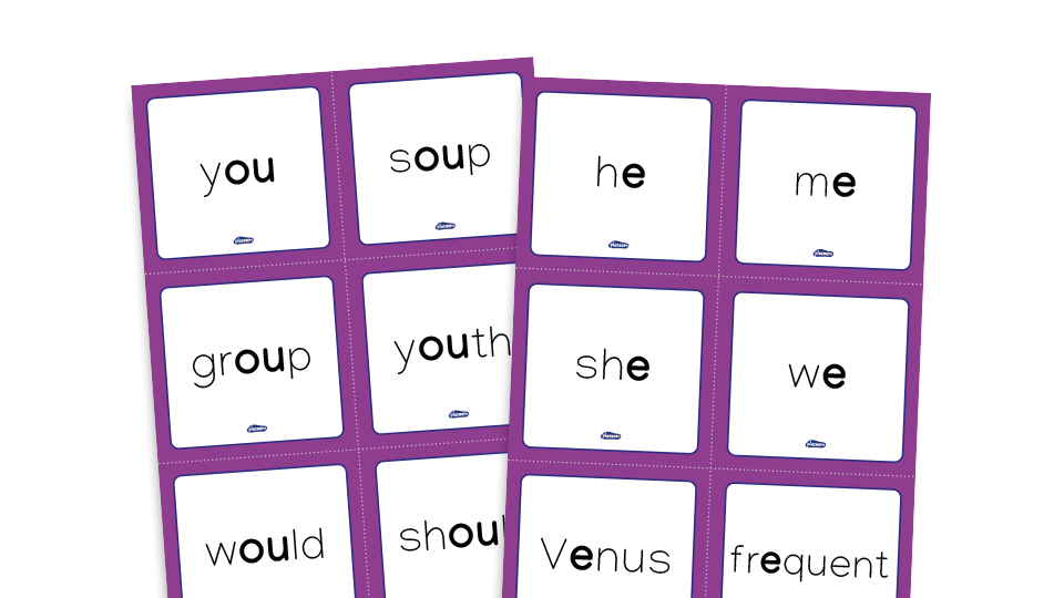 Phase 5 phonics - word cards, alternative pronunciations, set 3: y, ch, ou, e, ey