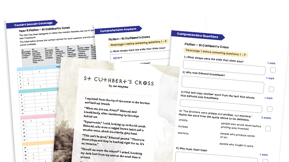 image of Year 5 Fiction Reading Comprehension Worksheets (with Key Stage 2 content domain coverage sheet): St Cuthbert’s Cross