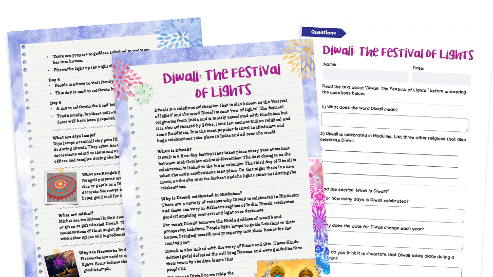 image of Upper Key Stage 2 Diwali Resources: Comprehension Worksheets