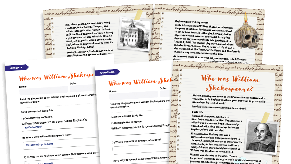 image of Who Was William Shakespeare? UKS2 Comprehension Pack with Worksheets
