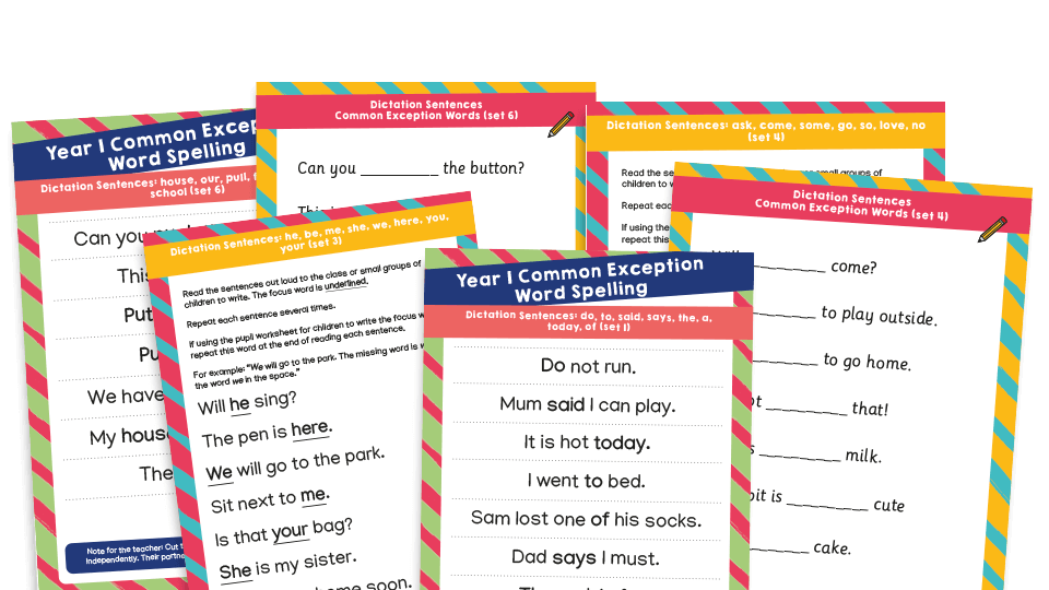 Year 1 CEW Dictation Sentences: Common Exception Words Sentences and Worksheets