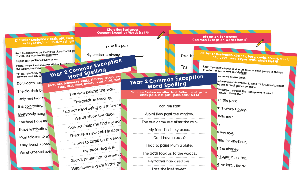 Year 2 CEW Dictation Sentences: Common Exception Words Sentences and Worksheets