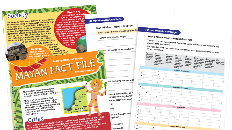 Year 6 Non-fiction Reading Comprehension Worksheets (with Key Stage 2 content domain coverage sheet): Mayan Fact File