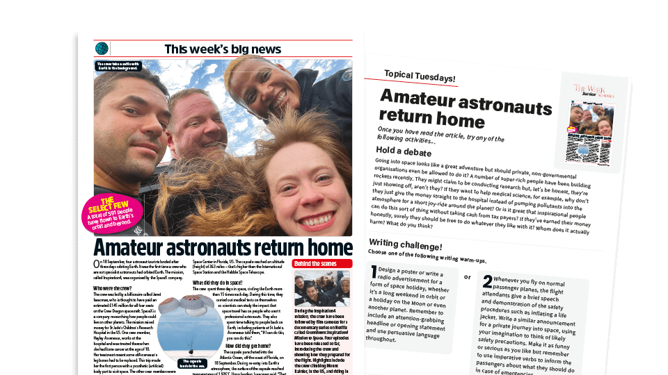 image of Topical Tuesdays: Here Come the Space Tourists - KS2 News Story and Reading and Writing Activity Sheet from The Week Junior