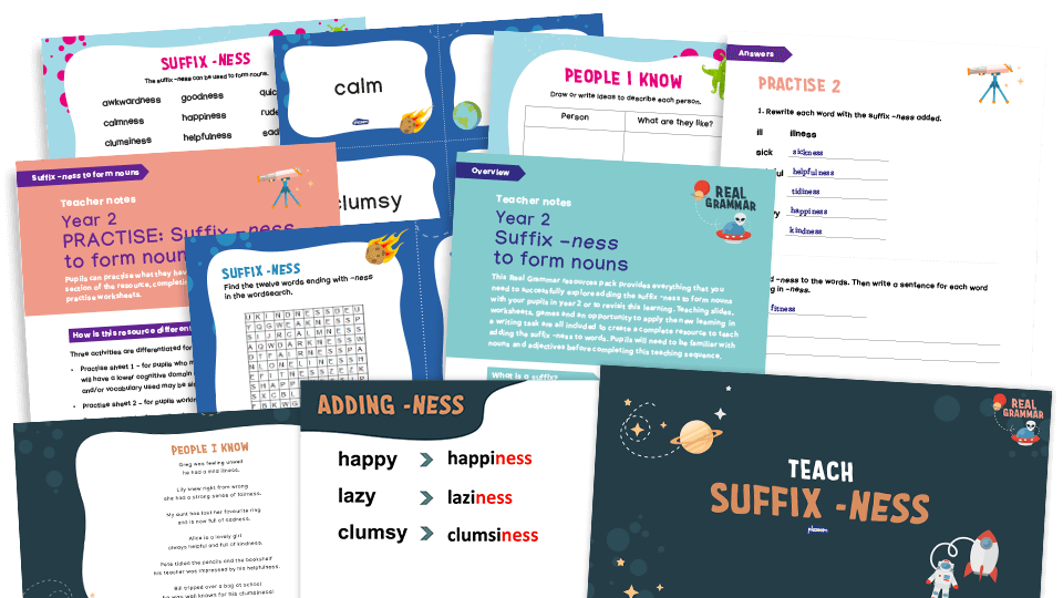 image of 2.5b Year 2: W - formation of nouns using suffixes such as -ness, -er and by compounding (suffix -ness)