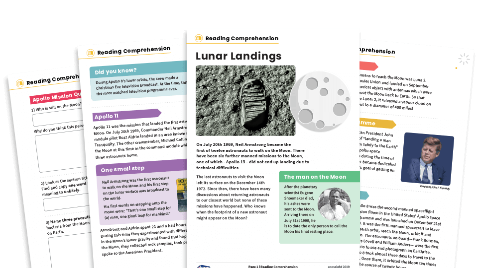 Lunar Landings KS2 Nonfiction Reading Comprehension Worksheets Pack Space Plazoom