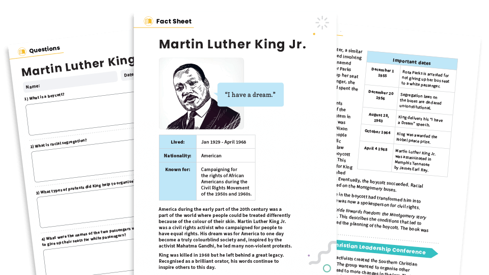 Martin Luther King Jr KS2 Non-fiction Reading Comprehension Worksheets Pack – Famous Lives Plazoom Martin Luther King Jr KS2 Non-fiction Reading Comprehension Worksheets Pack – Famous Lives Plazoom