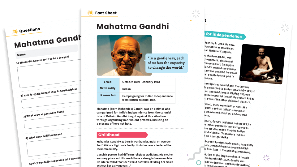 Mahatma Gandhi KS2 Non-fiction Reading Comprehension Worksheets Pack