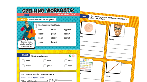 Image of Year 1 ‘ear’ as in dear: KS1 Spelling Worksheets