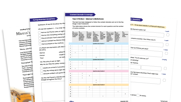 Image of Year 4 Fiction Reading Comprehension Worksheets (with KS2 content domain coverage sheet): Marcus’ Misfortune