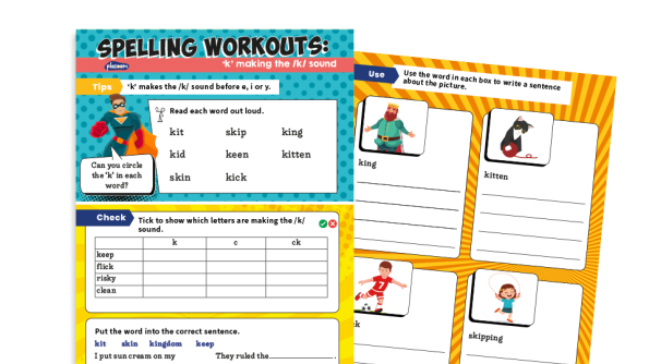 Image of Year 1 ‘k’ making /k/ sound before e, i or y: KS1 Spelling Worksheets