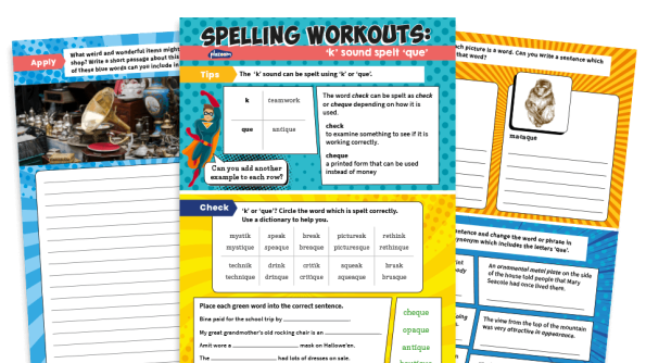Image of Year 3 and 4 ‘k’ Sound Spelt ‘que’ Worksheets – KS2 Spelling Workouts