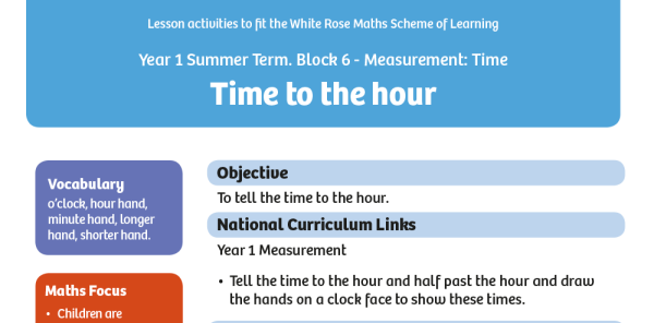 White Rose Maths: Year 1 Summer Term – Block 6: Time to the hour maths ...
