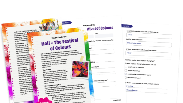 Image of Hindu Festivals - Holi - KS2 Comprehension Worksheets and Answers